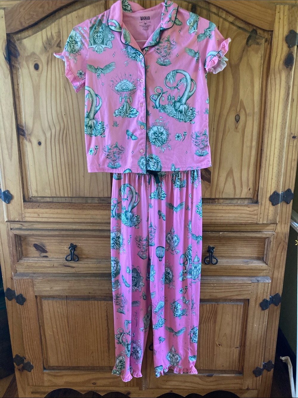 Girls Wicked Katie Kime pink green two piece pajamas size L (10/12)